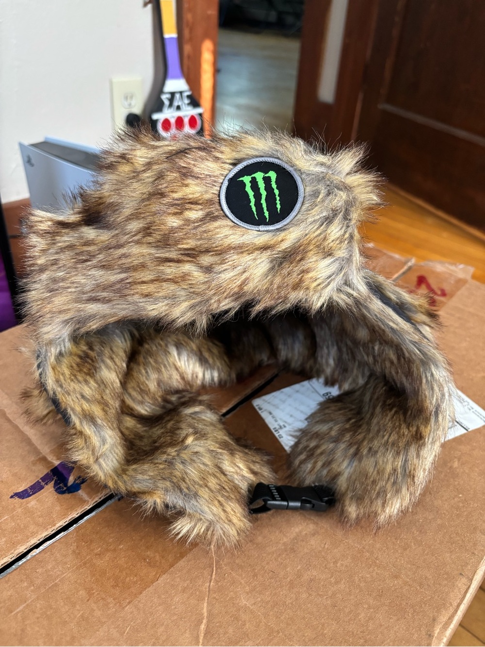 Kids Faux Fur Trapper Hat with Green Logo - Brown